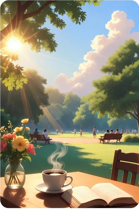 An illustration of a peaceful park scene with a cup of coffee, an open book, and a vase of flowers on a wooden table in the foreground, with people relaxing on benches under large trees in the background.