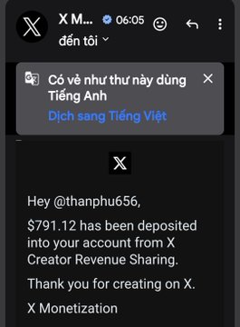 A screenshot of an X (Twitter) notification in Vietnamese informing user @thanphu656 that $791.12 has been deposited from X Creator Revenue Sharing.
