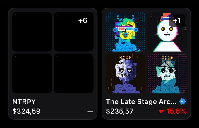 A dashboard showing NFT collections, with NTRPY at $324.59 and 'The Late Stage Arc' at $235.57 showing a 15.6% decline.