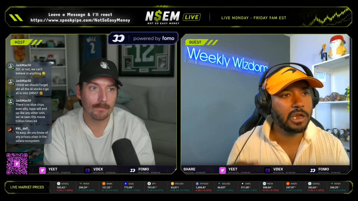 The image shows a computer screen displaying two men wearing baseball caps with their faces visible. The man on the left side of the screen has his face partially obscured by an orange hat, while the man on the right side wears a white cap. They are both sitting in front of microphones and appear to be engaged in a conversation or presentation.

The background features a black wall with a blue neon sign that reads "WEEKLY WIZDOM". The image also contains text elements such as "NEM" and "Live", which may provide context about the content being displayed on the screen.
