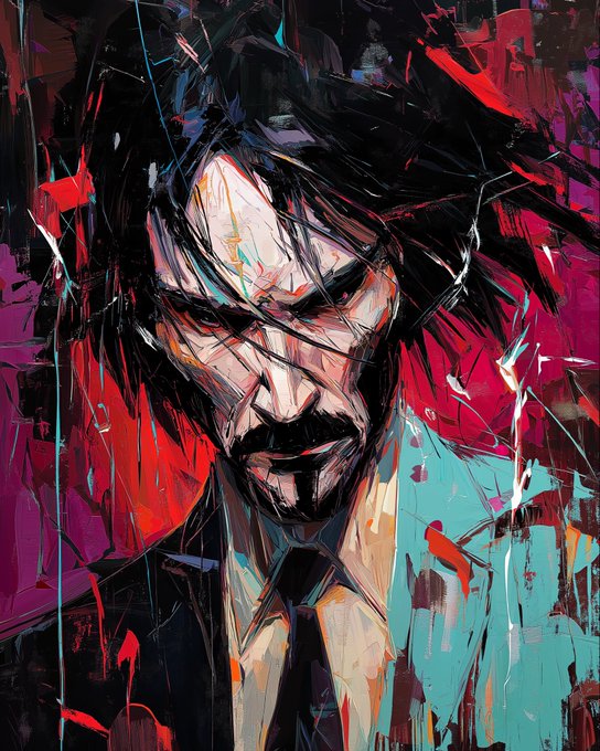 A stylized, abstract painted portrait of a man with dark hair and a suit, rendered in bold strokes of red, black, blue, and teal.