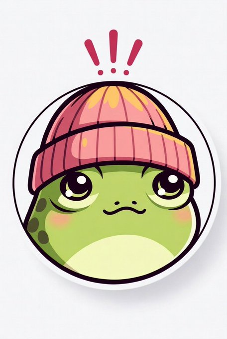 A cartoon illustration of a cute green frog wearing a pink and orange beanie, with three red exclamation marks above its head, presented as a circular sticker or badge.
