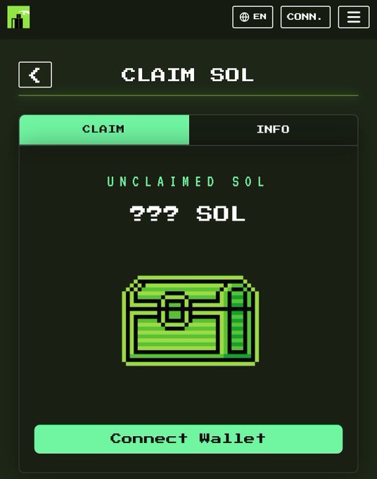 A pixelated 'CLAIM SOL' interface shows 'UNCLAIMED SOL' with '??? SOL' and a green chest icon, prompting to 'Connect Wallet'.