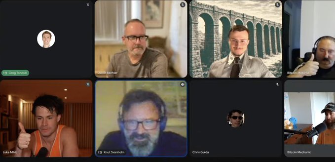 A grid of video call participants including Greg Tomaso, Svetsko Bactner, Greg Foss, Bitcoin Mechanic, Luke Mikic, Knut Svanholm, Chris Guida, and a participant wearing a Bitcoin Mechanic hat, set against various virtual backgrounds.