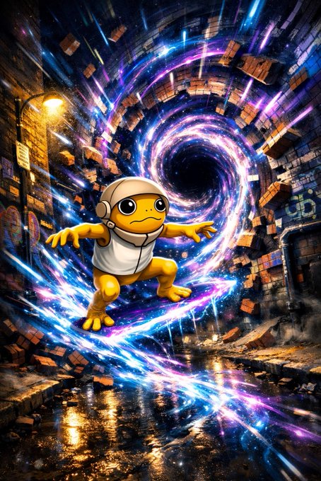 A determined yellow frog wearing a white astronaut helmet and hoodie charges forward through a swirling cosmic portal in a graffiti-covered alley, embodying the adventurous spirit of embracing the unknown. The image visually amplifies the post's theme of boldly stepping into uncharted territory, with $TURBO as the fuel propelling the journey.