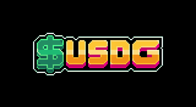 A pixel art logo featuring a green dollar sign next to the text 'USDG' in orange and pink retro lettering on a black background.