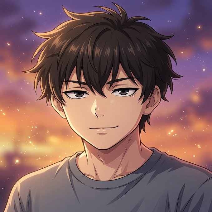 The image features a young man with spiky hair wearing a gray t-shirt against an orange sky background. The boy appears to be looking directly at the camera while smiling. There are no texts or other objects present, making him the sole focus of the image.
