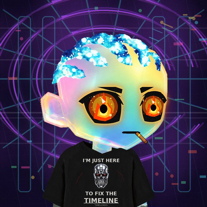 A stylized digital illustration of a character with blue crystalline hair, glowing red-orange eyes, and a cigarette, wearing a black shirt reading 'I'M JUST HERE TO FIX THE TIMELINE TIMELORDS' against a purple radar-grid background.