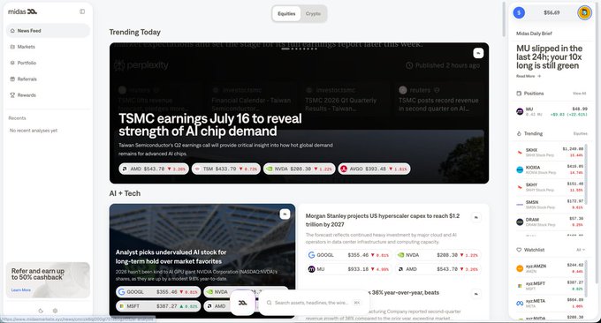 The Midas Investments web platform displaying 'Trending Today' news, including headlines about TSMC's AI chip demand and Morgan Stanley's stock target, along with a 'Positions' list.