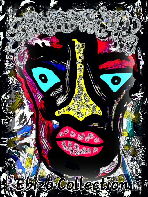 A vibrant, abstract pop-art style portrait of a face features bright cyan eyes, a yellow nose, and pink lips against a chaotic background, with the text 'Ebizo Collection' at the bottom.
