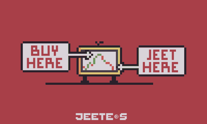 A pixel-art style advertisement on a red background showing a TV with rising and falling trend lines, flanked by signs reading 'BUY HERE' and 'JEET HERE', with the logo 'JEETEOS' below.