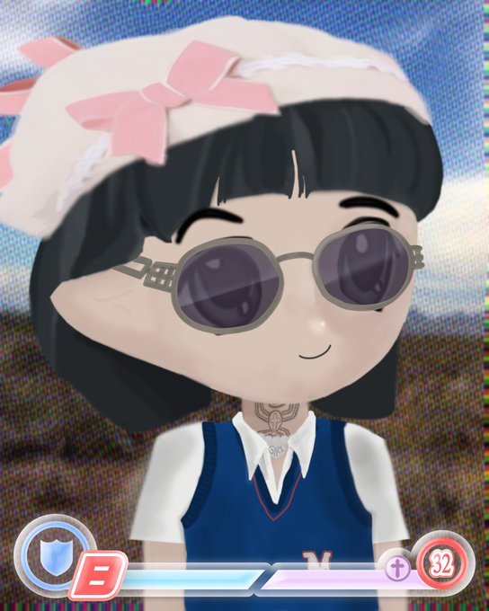 A 3D anime-style avatar of a girl with black hair, a white beret with pink bows, round sunglasses, and a blue vest over a white shirt, with a health bar interface at the bottom.