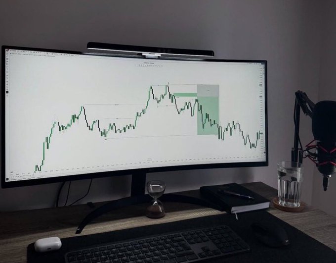 A computer monitor displays a financial candlestick chart with a green highlighted trading zone, accompanied by a keyboard, mouse, hourglass, and microphone on a dark desk.