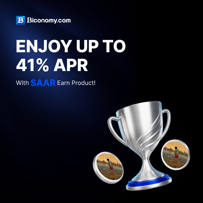 A Biconomy.com advertisement reading "ENJOY UP TO 41% APR With SAAR Earn Product!" alongside a silver trophy graphic.