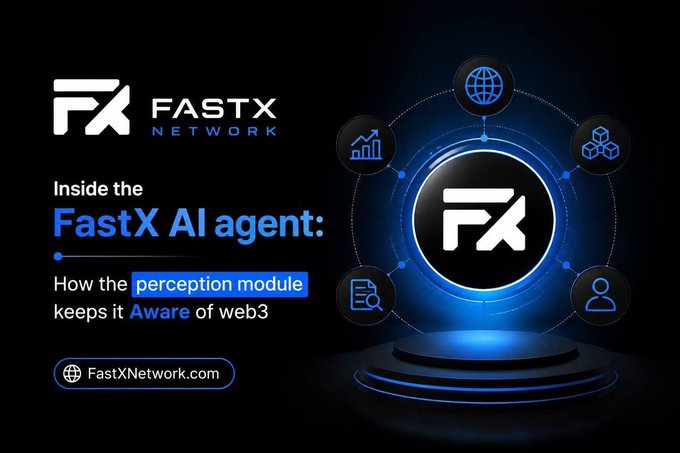A promotional graphic for FastX Network with text reading 'Inside the FastX AI agent: How the perception module keeps it Aware of web3' and FastXNetwork.com, featuring a central logo surrounded by interconnected technology icons.