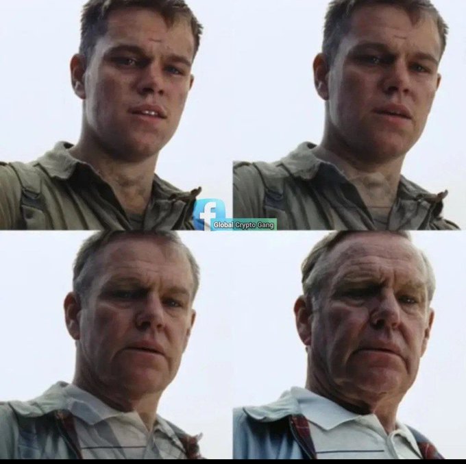 A four-panel image showing Matt Damon progressively aging in the movie Saving Private Ryan, watermarked with 'Global Crypto Gang' and a Facebook logo.