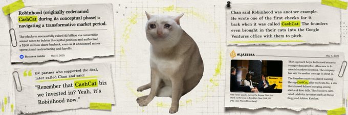 A collage featuring news articles about 'CashCat' and Robinhood's transformation, centered around a white cat sitting on a yellow background.