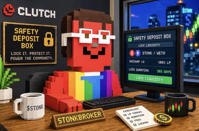 A pixel-art style promotional image for "CLUTCH" and "$STONK" featuring a red character with glasses promoting a "SAFETY DEPOSIT BOX" for locking STONK/WETH liquidity for 365 days, with a "STONKBROKER" nameplate on the desk.