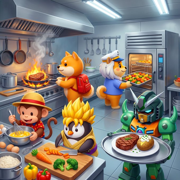 A digital illustration of cartoon characters including Shiba Inu dogs, a monkey, a penguin, and a robot chef cooking together in a kitchen.