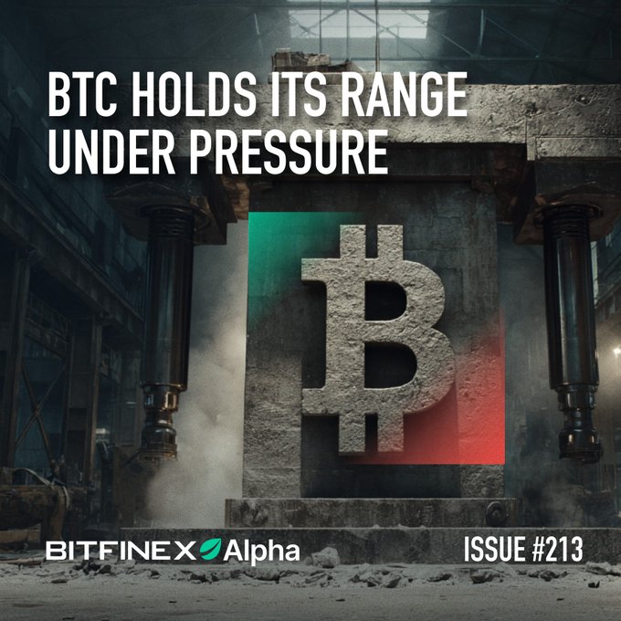 A dramatic industrial image shows a large stone Bitcoin symbol crushed between hydraulic presses, overlaid with the headline "BTC HOLDS ITS RANGE UNDER PRESSURE," branding it as Issue #213 of Bitfinex Alpha's weekly market report. The crushing-press imagery visually reinforces the post's theme of Bitcoin facing significant selling pressure yet maintaining its trading range amid Middle East tensions, Fed uncertainty, and Strategy's record BTC sale.