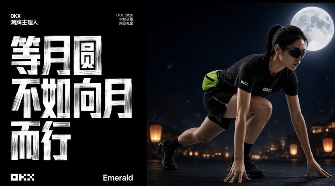 An On Running advertisement featuring Chinese text '等月圆 不如向月而行' (translated as 'Walk toward the moon') with a female athlete in starting position under a full moon.