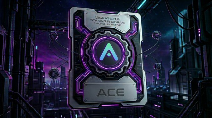 A futuristic cyberpunk-style card for the 'Migrate.fun Staking Program Launch Initiative' featuring the ACE token logo glowing in purple.