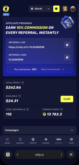 The image shows the Rolly.io affiliate dashboard displaying a total profit of $262.86 and available balance of $24.31, alongside the referral code "FLOUNDER" for the affiliate program offering 10% commissions on every referral. This aligns with the post's mention of the FLOUNDER referral code and the rev share/commission earnings being distributed to players.
