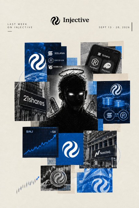 An Injective promotional poster titled 'LAST WEEK ON INJECTIVE' dated Sept 13 - 20, 2026, featuring a collage of imagery related to Solana, Raydium, 21shares, and Nasdaq.