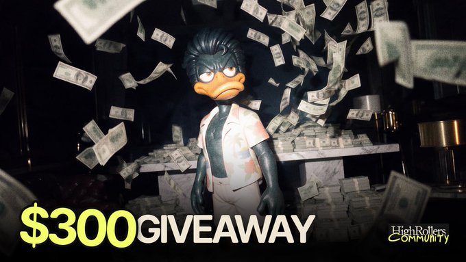 A cartoon duck character with spiky black hair stands surrounded by falling dollar bills, with bold yellow text reading "$300 GIVEAWAY" and the "HighRollers Community" logo displayed—visually emphasizing the cash prize announced in the accompanying giveaway post offering three $100 USDT prizes to participants.