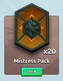 A mobile game interface showing a 'Mistress Pack' item containing a dark metallic hexagonal piece with orange glowing energy, marked 'x20' with an 'OPEN' button below.
