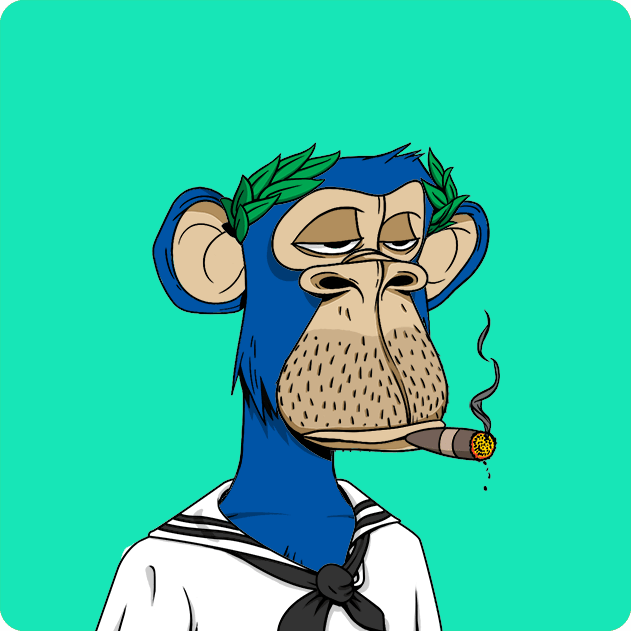 A cartoon illustration of a bored-looking blue monkey wearing a laurel wreath and sailor collar, smoking a cigar with half-closed eyes against a teal background.