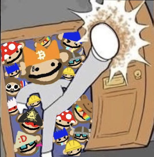 A chaotic pileup of cartoon avatars—featuring Bitcoin, Dogecoin, and various meme characters with sunglasses and hard hats—explodes outward as a blank stick figure bursts through a door. The Bitcoin "₿" logo is prominently displayed on the central figure's crown, capturing the overwhelming rush of crypto memes flooding a feed after an algorithm change.