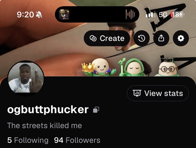 A Spotify-style profile page for user 'ogbuttphucker' with the bio 'The streets killed me', showing 5 Following and 94 Followers, featuring a profile photo of a man making a gesture.