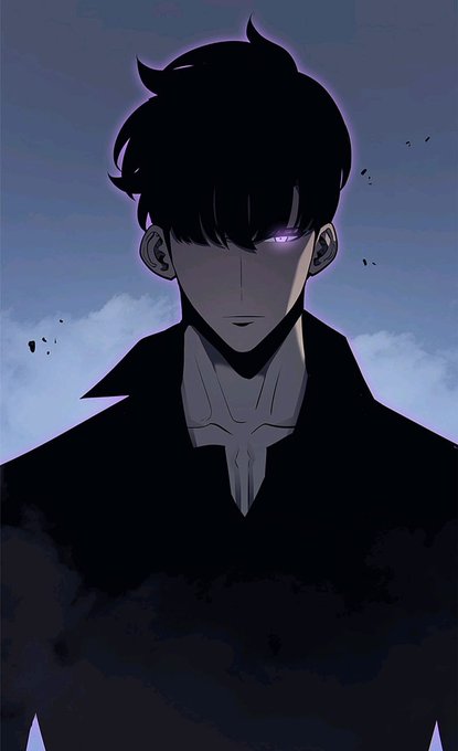A stylized digital illustration of a dark-haired anime character with glowing purple eyes and a shadowy, tattered cloak against a cloudy sky.
