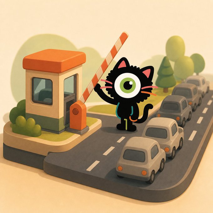 A 3D cartoon illustration of a black one-eyed cat operating a toll booth barrier as cars line up on a road.