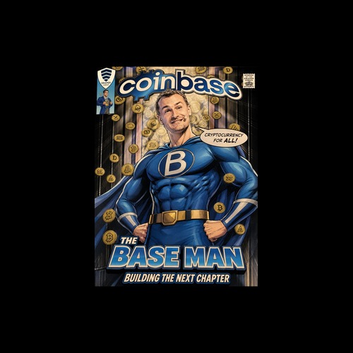 A comic book style cover titled 'coinbase' at the top, featuring a muscular man in a blue superhero suit with a 'B' logo, surrounded by gold coins with Bitcoin symbols, and text reading 'THE BASE MAN' and 'BUILDING THE NEXT CHAPTER'.