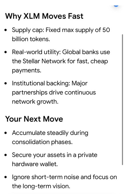 A text-based infographic explaining why XLM (Stellar) moves fast, highlighting its 50 billion supply cap, real-world banking utility, and institutional backing.