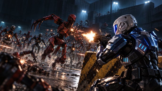 A futuristic soldier in high-tech armor fires a heavy weapon at swarms of glowing red mechanical enemies amid a chaotic battlefield at night. The scene captures the intense action of the "BASECAMP CHALLENGE" event in Firestrike, where players battle endless waves of DEAD STOCK robots.
