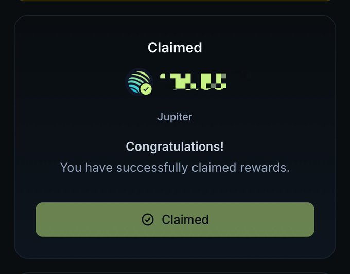A confirmation screen showing successful claiming of 9.66 JUP tokens from the Jupiter protocol, with a green "Claimed" button, aligning with the post's announcement about upcoming Jupiter ASR (Active Staking Rewards) distribution for the April–June period.