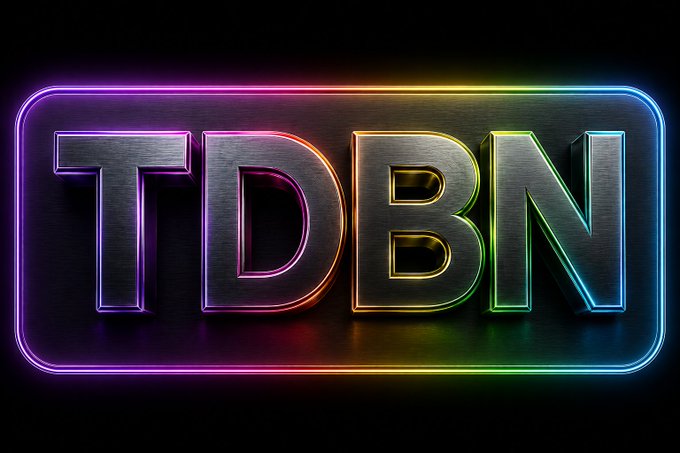 A 3D rendered metallic logo displaying the letters 'TDBN' in a rectangular frame, illuminated with vibrant rainbow neon lighting in pink, orange, yellow, green, blue, and purple against a black background.