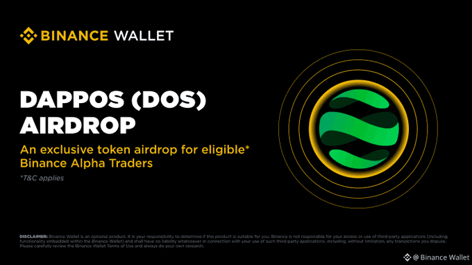 A Binance Wallet promotional banner announcing a 'DAPPOS (DOS) AIRDROP' described as an exclusive token airdrop for eligible Binance Alpha Traders, featuring a stylized green logo on a black background.