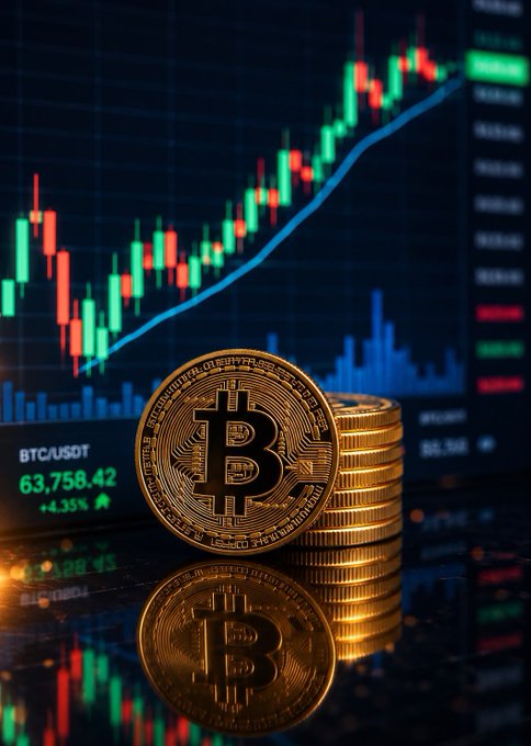 A stack of gold Bitcoin coins sits in front of a digital candlestick chart showing BTC/USDT trading at 63,758.42 with a +4.35% increase.