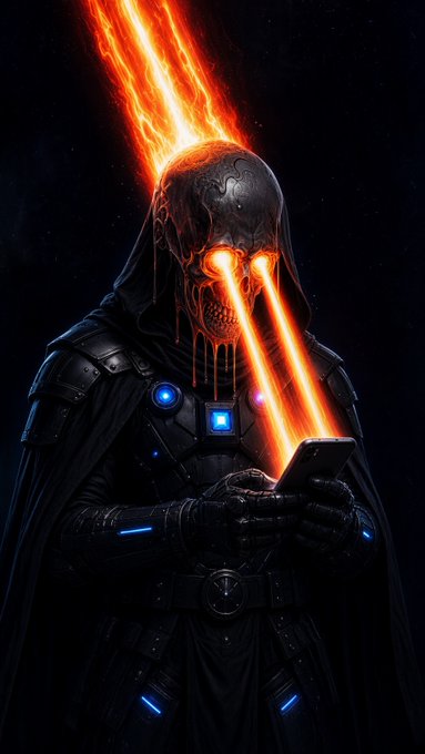A hooded skeletal figure with glowing fiery eyes and molten skull details stands cloaked in dark armor while checking a glowing phone, embodying the "mafia" energy and sudden market breakout referenced in the post about $MAFIA hitting a new all-time high on PulseChain. The ominous, battle-ready aesthetic visually reinforces the post's call for holders to "stay locked in" amid shifting momentum.