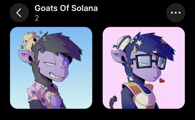 Two NFT-style character illustrations titled 'Goats Of Solana 2', showing purple-skinned goat-like figures with blue hair, one wearing a Hawaiian shirt and the other wearing sunglasses with a sailor hat.