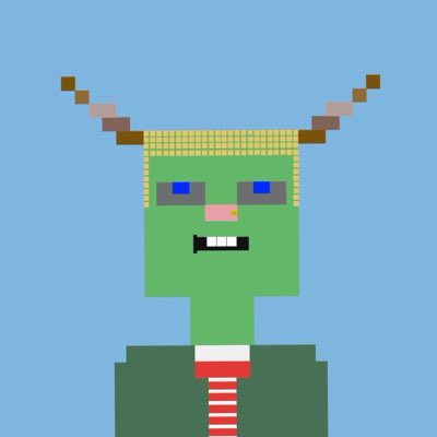 Pixel art style illustration of a green-skinned humanoid character with brown and yellow horns, blue eyes, a single tooth, and wearing a green and red outfit.