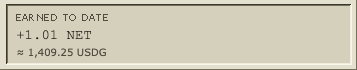 A screenshot showing crypto earnings with the text 'EARNED TO DATE +1.01 NET ≈ 1,409.25 USDG'.