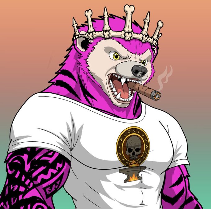 An illustrated anthropomorphic pink tiger wearing a bone crown, a white t-shirt, and tribal tattoos smokes a cigar while holding an oval medallion with a skull emblem.