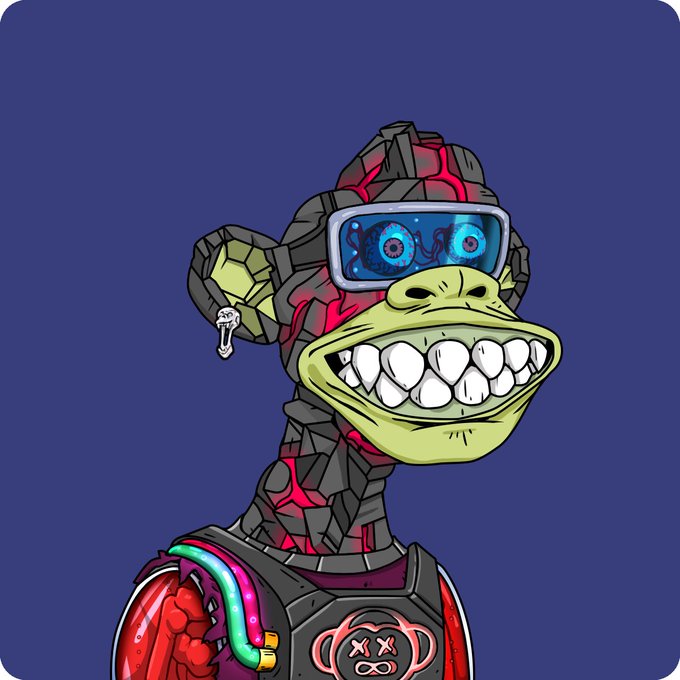 A cartoon-style illustration of a robotic monkey character with glowing blue eyes, a wide toothy grin, and a small silver earring, wearing a dark tech suit with colorful accents against a purple background.