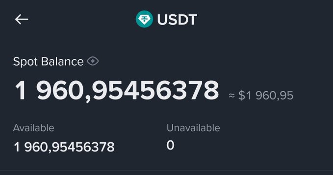 A screenshot of a cryptocurrency wallet showing a USDT spot balance of 1,960.95456378 tokens, approximately equal to $1,960.95, with 1,960.95456378 available and 0 unavailable.