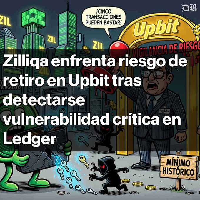 A colorful editorial cartoon depicts the Upbit cryptocurrency exchange with Spanish text overlay reading 'Zilliqa enfrenta riesgo de retiro en Upbit tras detectarse vulnerabilidad crítica en Ledger', showing characters representing ZIL tokens and a 'Regulador' figure warning '¡CINCO TRANSACCIONES PUEDEN BASTAR!' amid imagery of a 'MÍNIMO HISTÓRICO' sign.